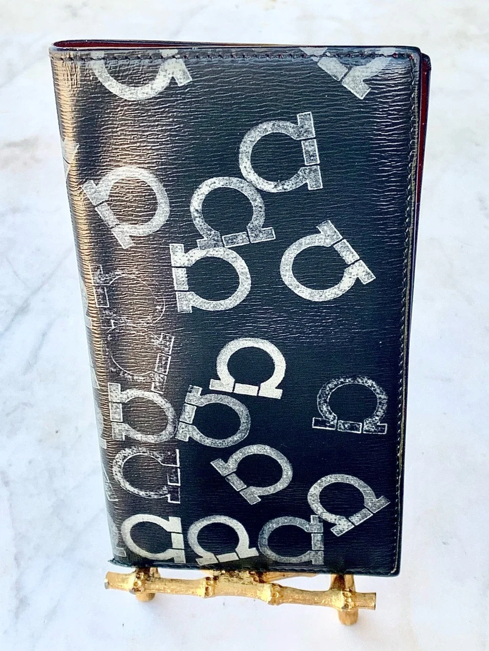 SALVATORE FERRAGAMO Black SILVER GANCINI Logo Print LONG Wallet MENS RED